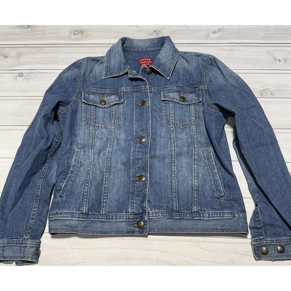 Chaps Jean Jacket Women M Blue Denim Button Front Classic Y2K Pockets